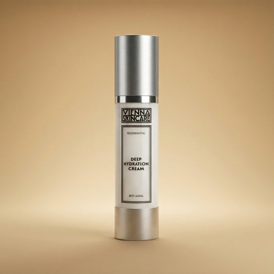 Skincare cream bottle labeled 'Vienna Skincare' on a beige background